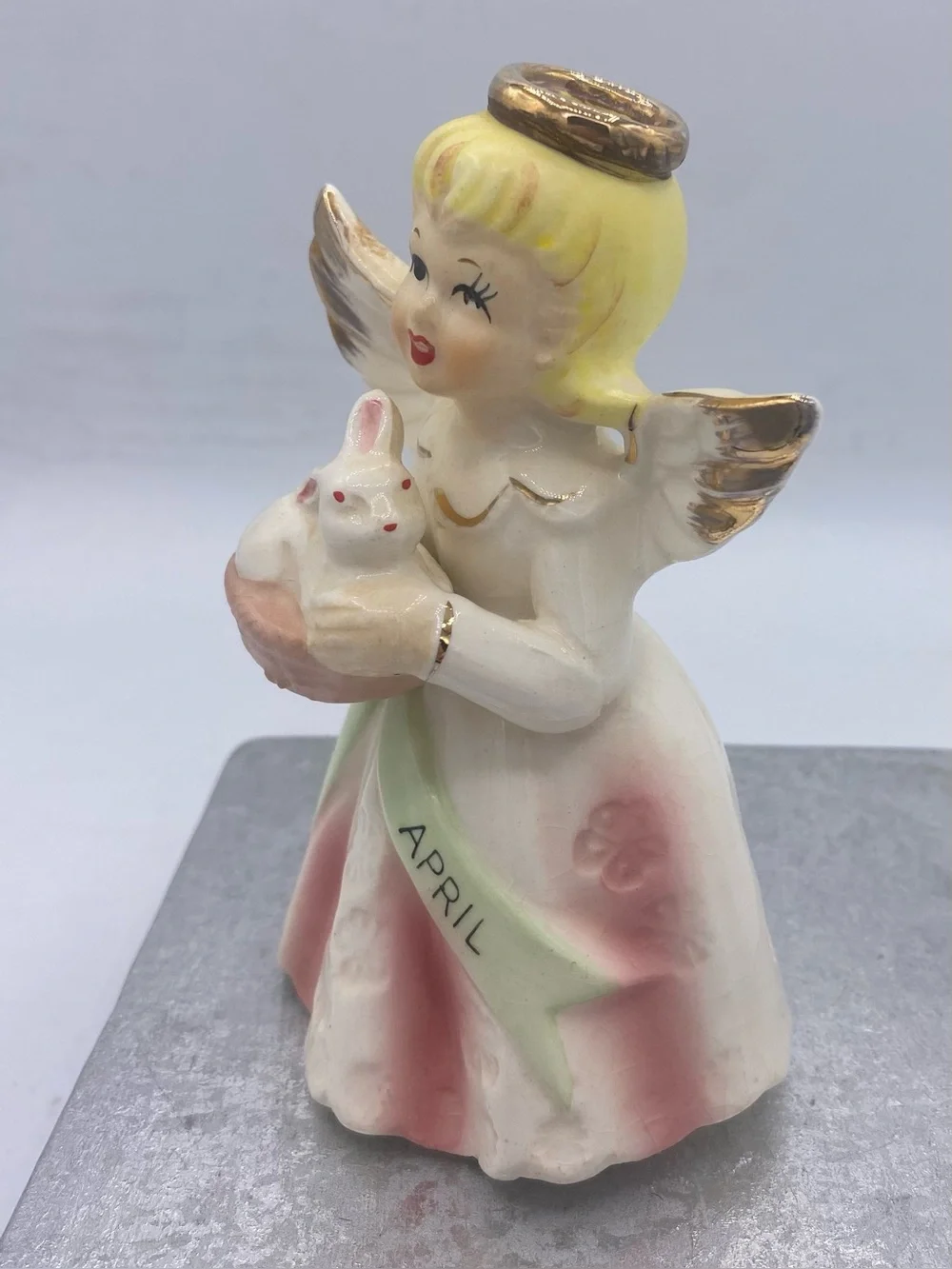 Vintage Japanese April Angel With Bunny Figurine Easter Holiday Collectible